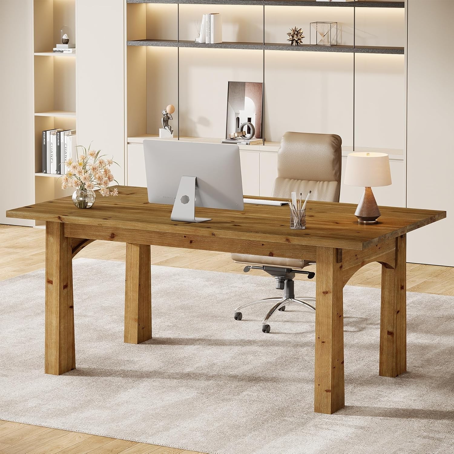 63-Inch Solid Wood Executive Desk Farmhouse Computer Desk Business Furniture