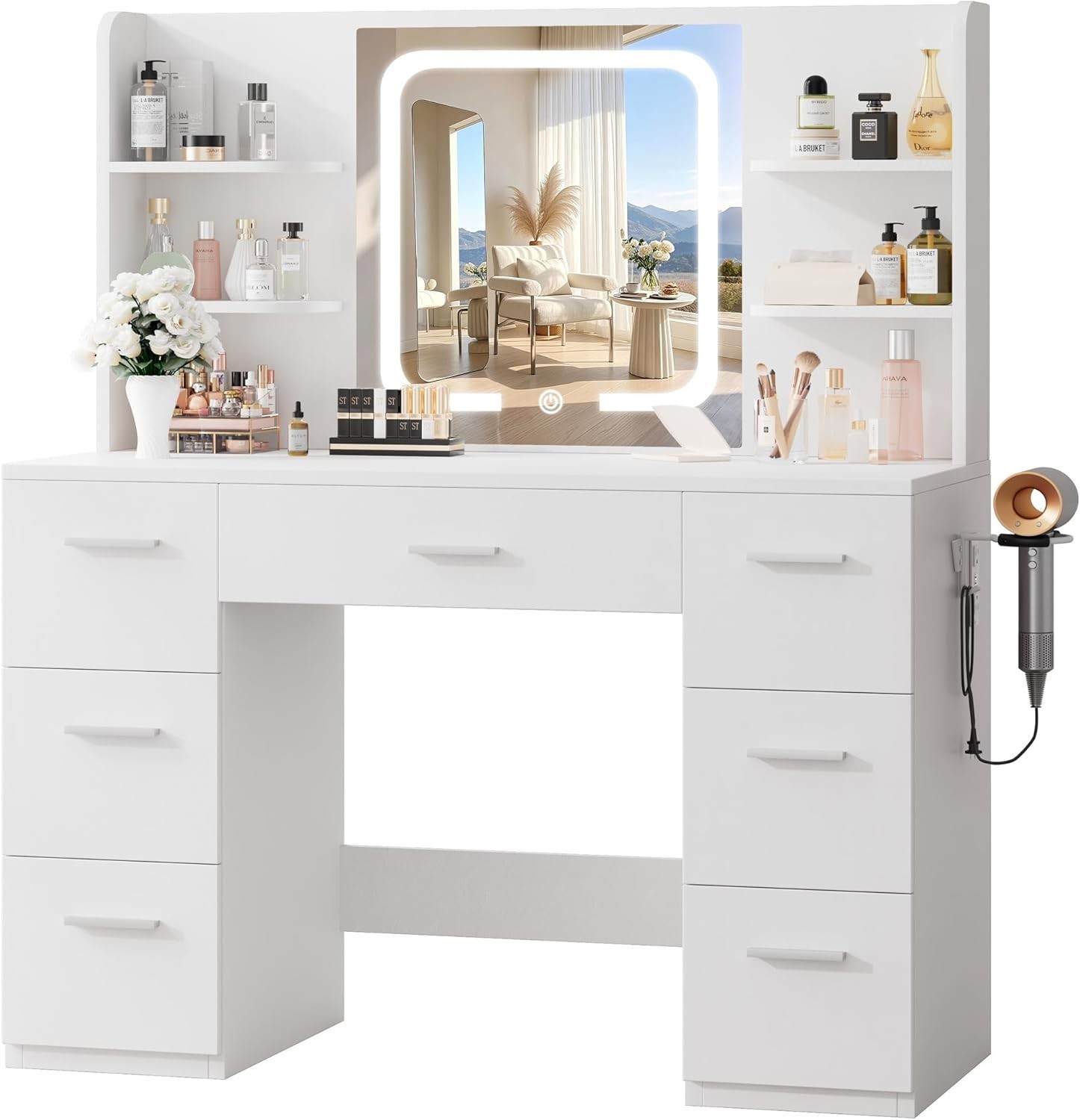 43″ Large Makeup Vanity Desk with Smart LED Mirror and Charging Station, Profess