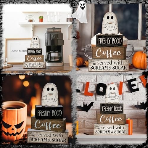 Lineshading 4 Pcs Halloween Table Decor Coffee Ghost Wooden Sign Halloween