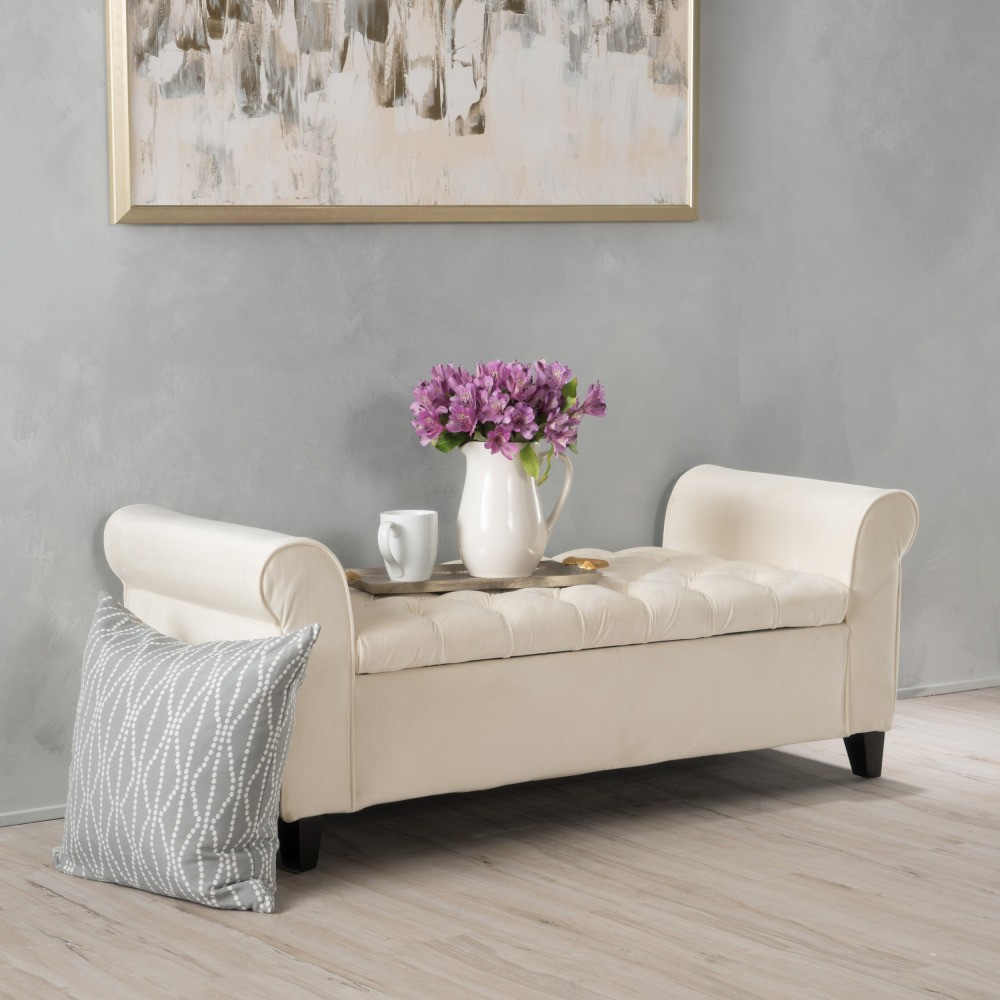 Rolled Arms Button Tufted Design Lift Top Storage Ottoman for Living Room