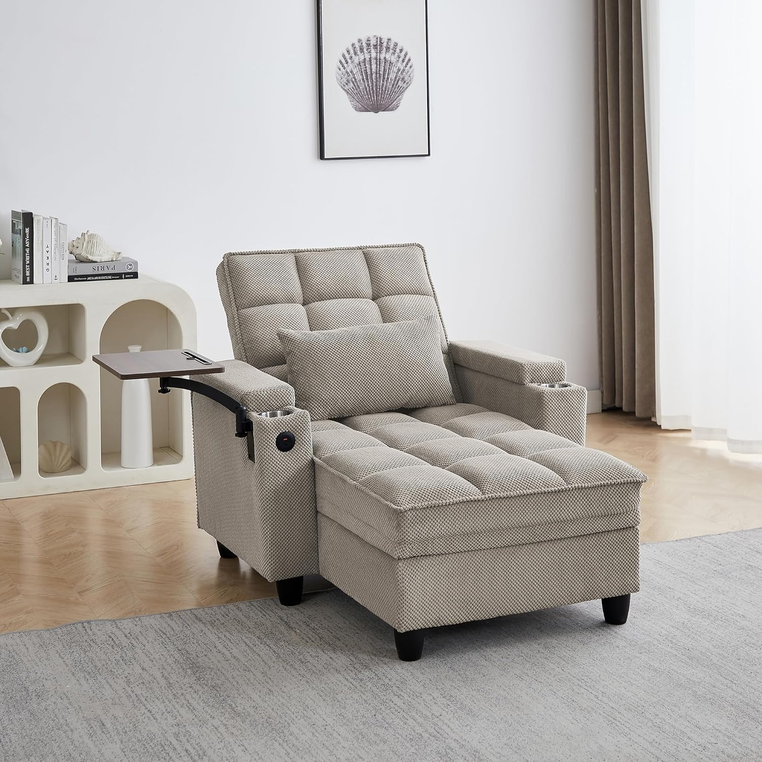 Compact 41.7″ Sleeper Sofa Chair Bed with USB, Cup Holder & Swivel Table
