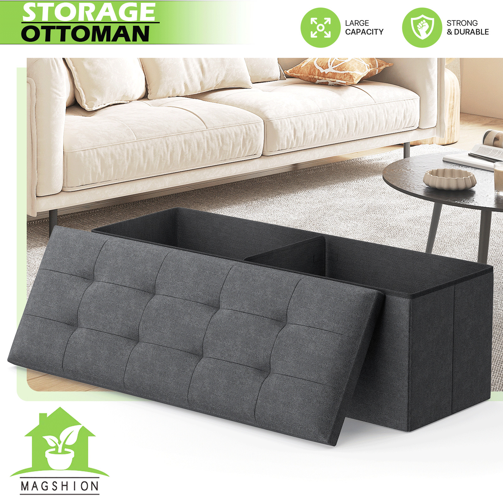 43 in Dark Gray Foldable Storage Ottoman Foot Stool Bench Chest w/Flipping Lid