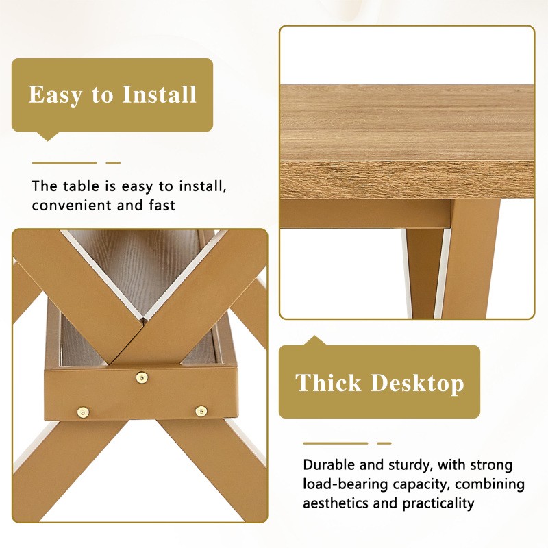 71 Inch Rectangular Dining Table with X-Shape Metal Base Light Wood MDF Top