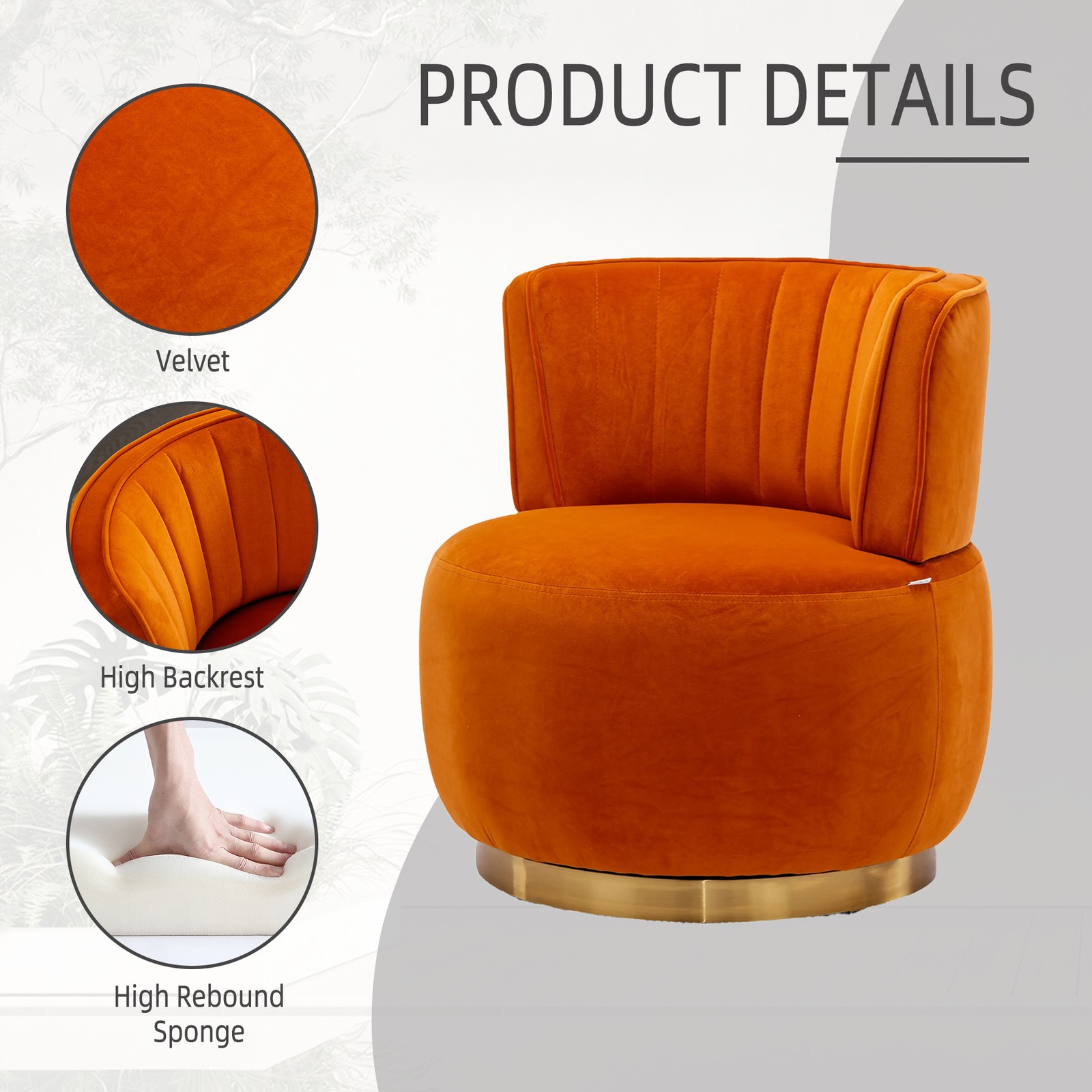 Swivel Barrel Accent Chair, Velvet Orange, 360 Degree Rotation