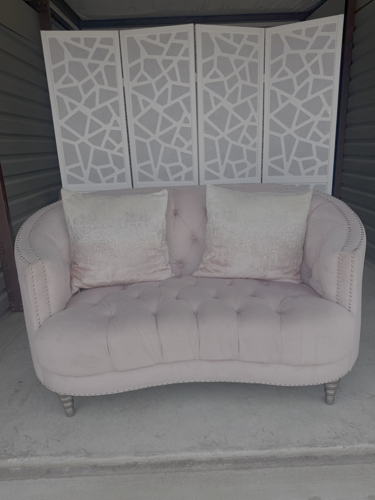 64″ Pink Tufted Microsuede Dania Loveseat With Curved Back. Local Pickup Only.
