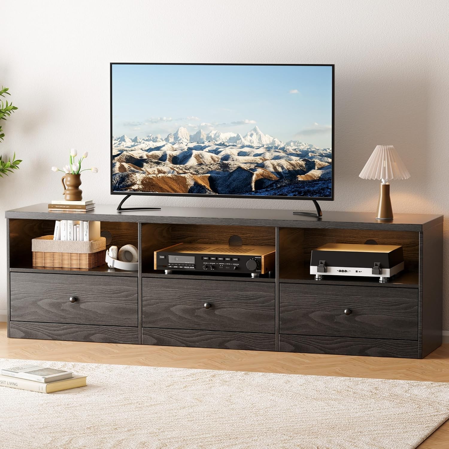 Modern 75in Black TV Stand Wood Entertainment Center Media Cabinet w/ 3 Drawers