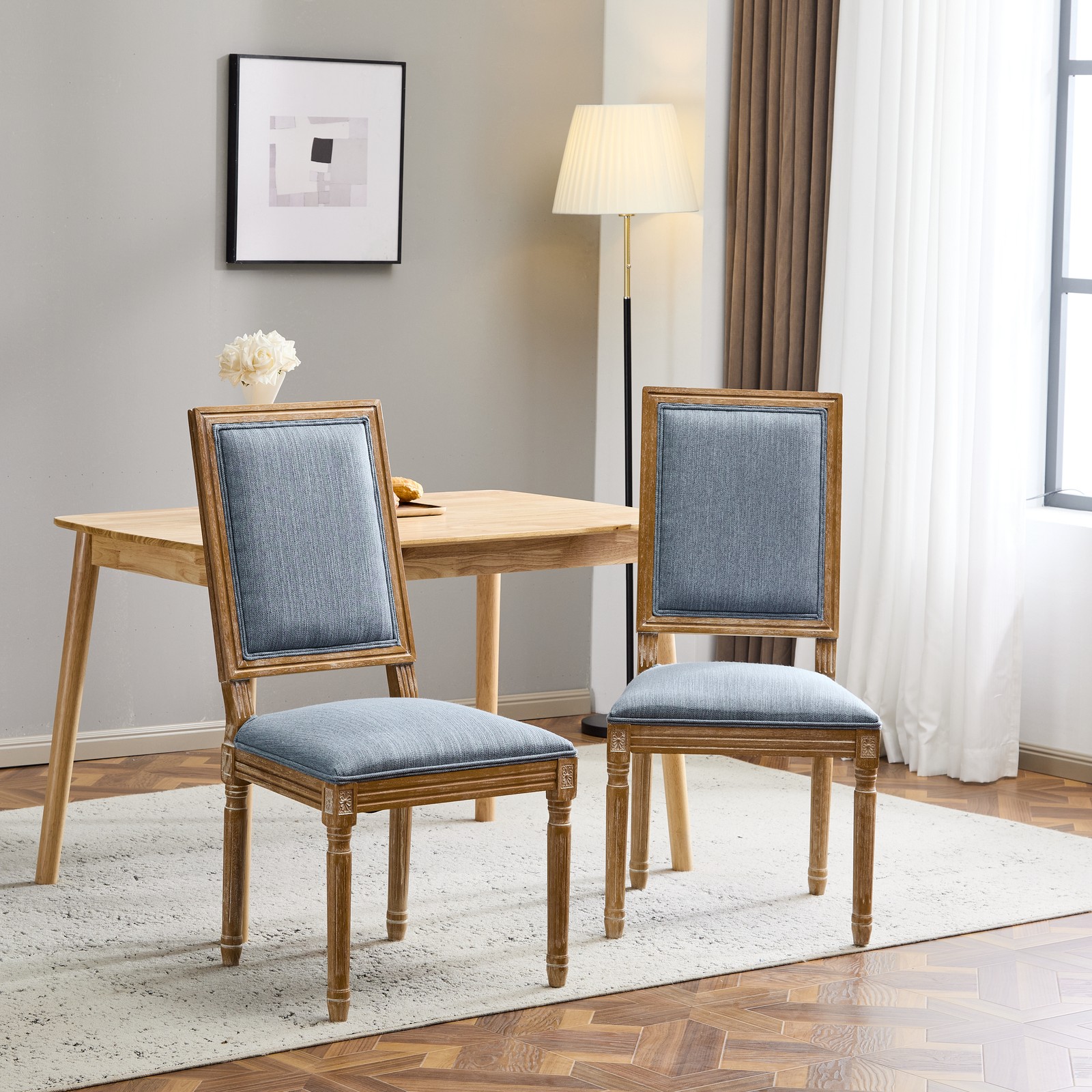 French Country Dining Chairs Set of 2 Solid Wood Upholstered High Back Slate