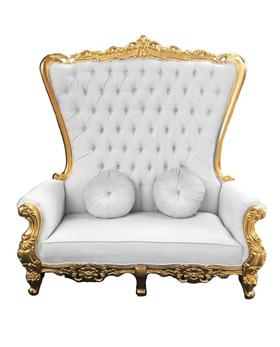 Double High Back Chair Queen Throne in White Leather Gold Frame