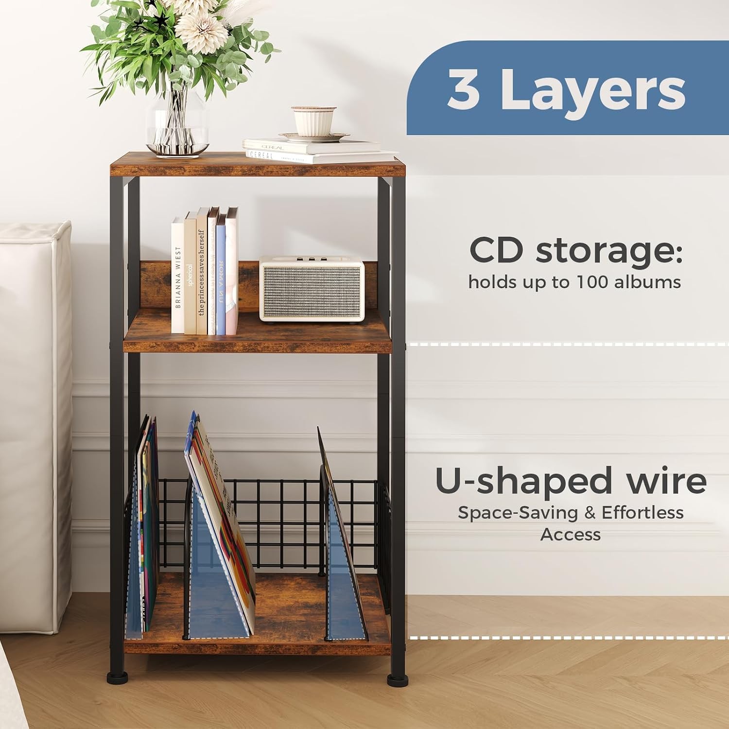 3 Tier Record Player Stand,Record Storage Table Up to 100 Albums Display Shelf