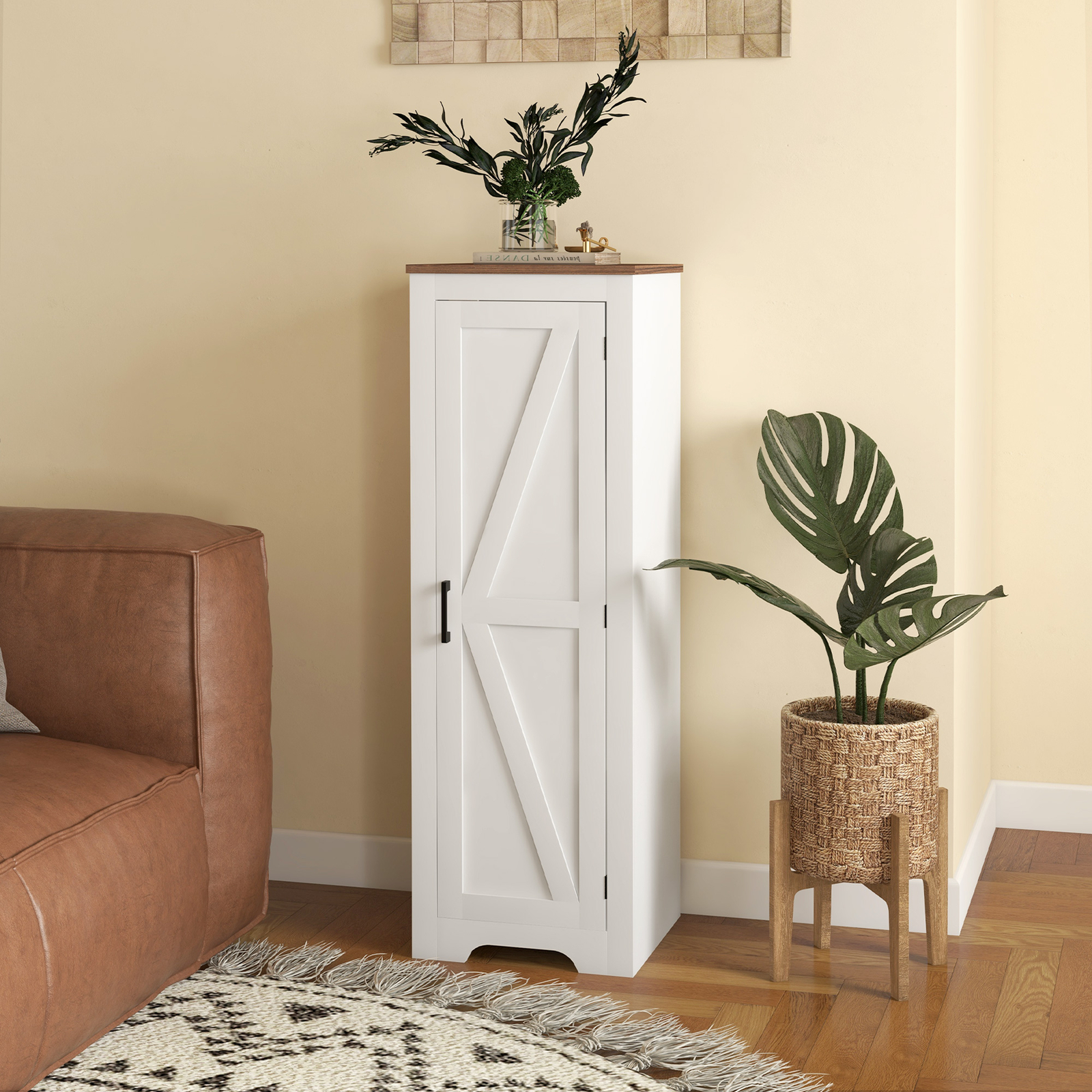 HOMCOM Farmhouse Storage Cabinet with Adjustable Shelf Barn Door White