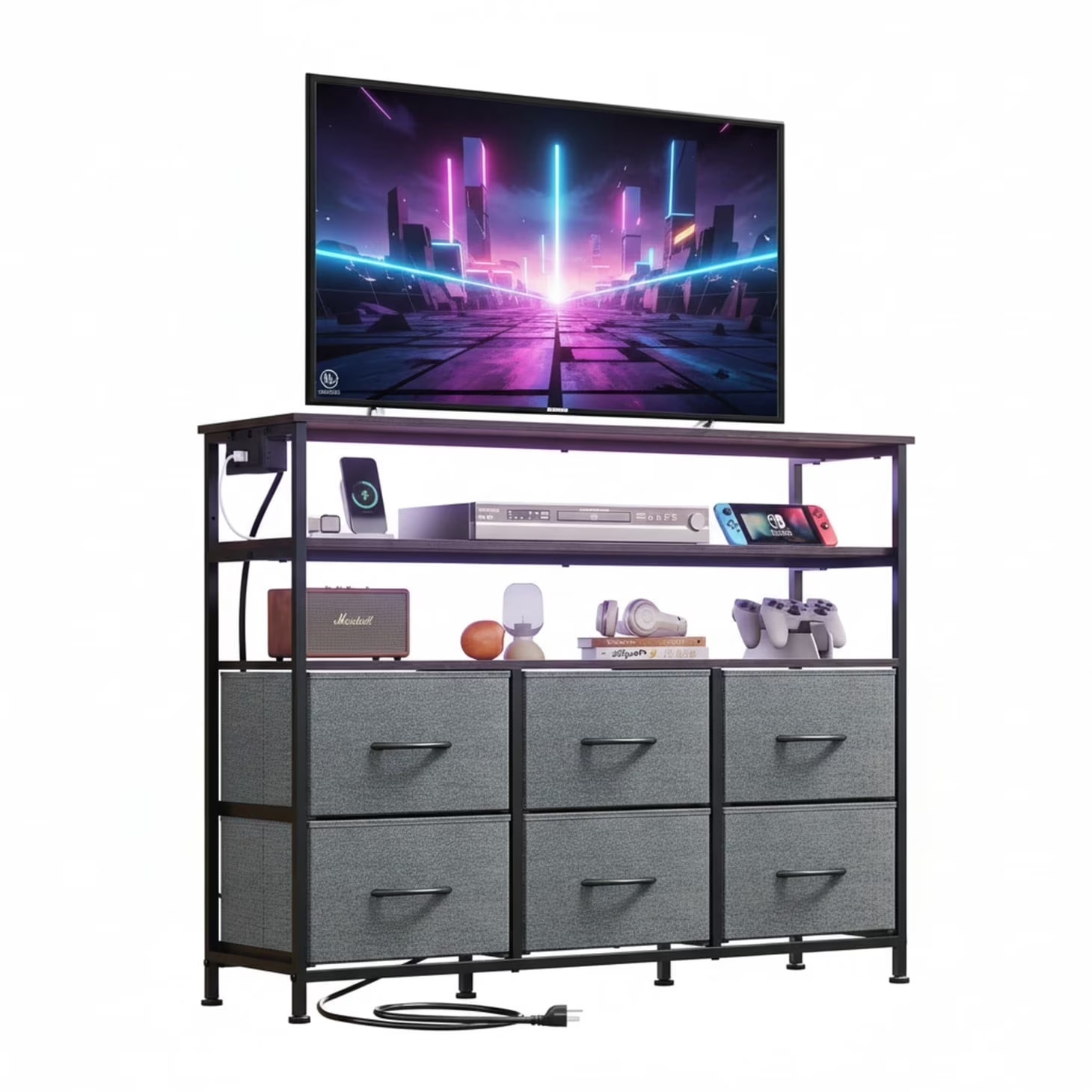 39-inch TV Stand with RGB LED Lights & UL-Certified Charging Station, 6 Fabric D