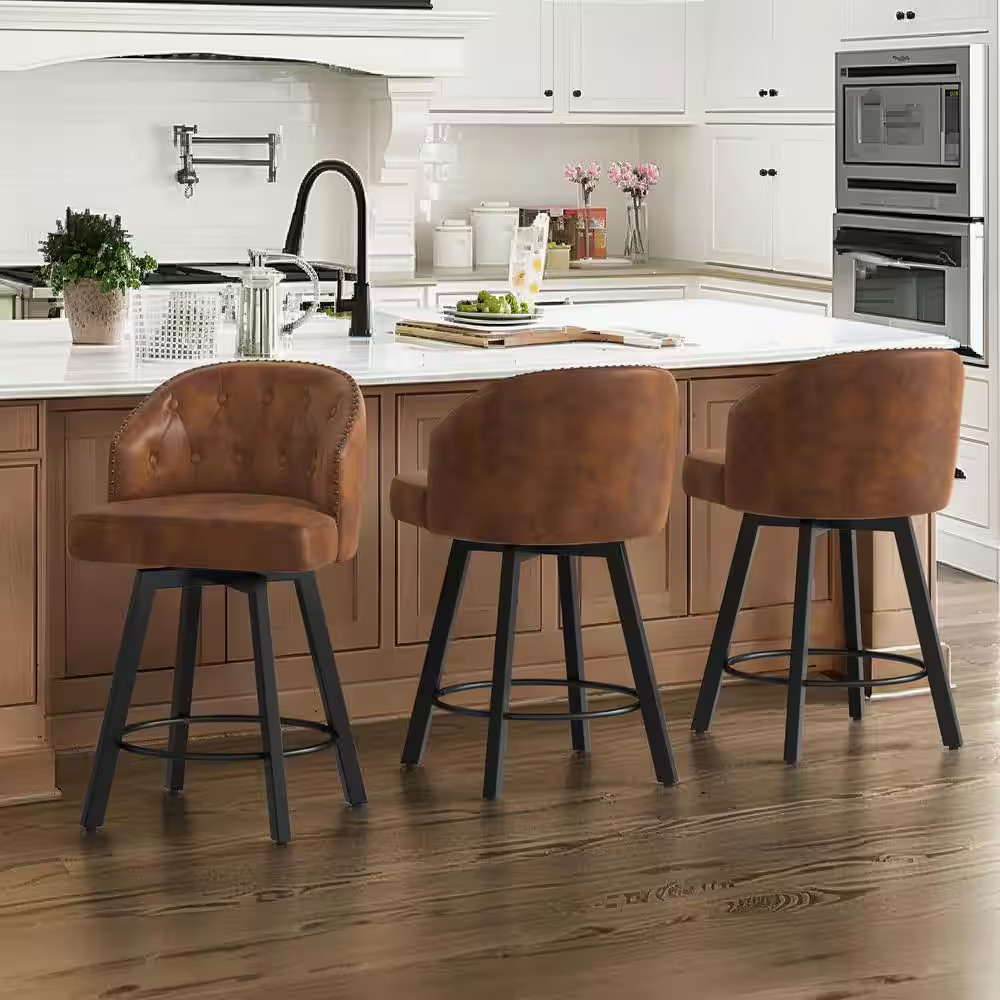 26 In. Brown Faux Leather Metal Frame Upholstered Counter Height Swivel Bar Stoo