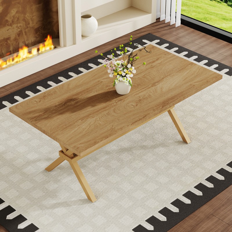 71 Inch Rectangular Dining Table with X-Shape Metal Base Light Wood MDF Top