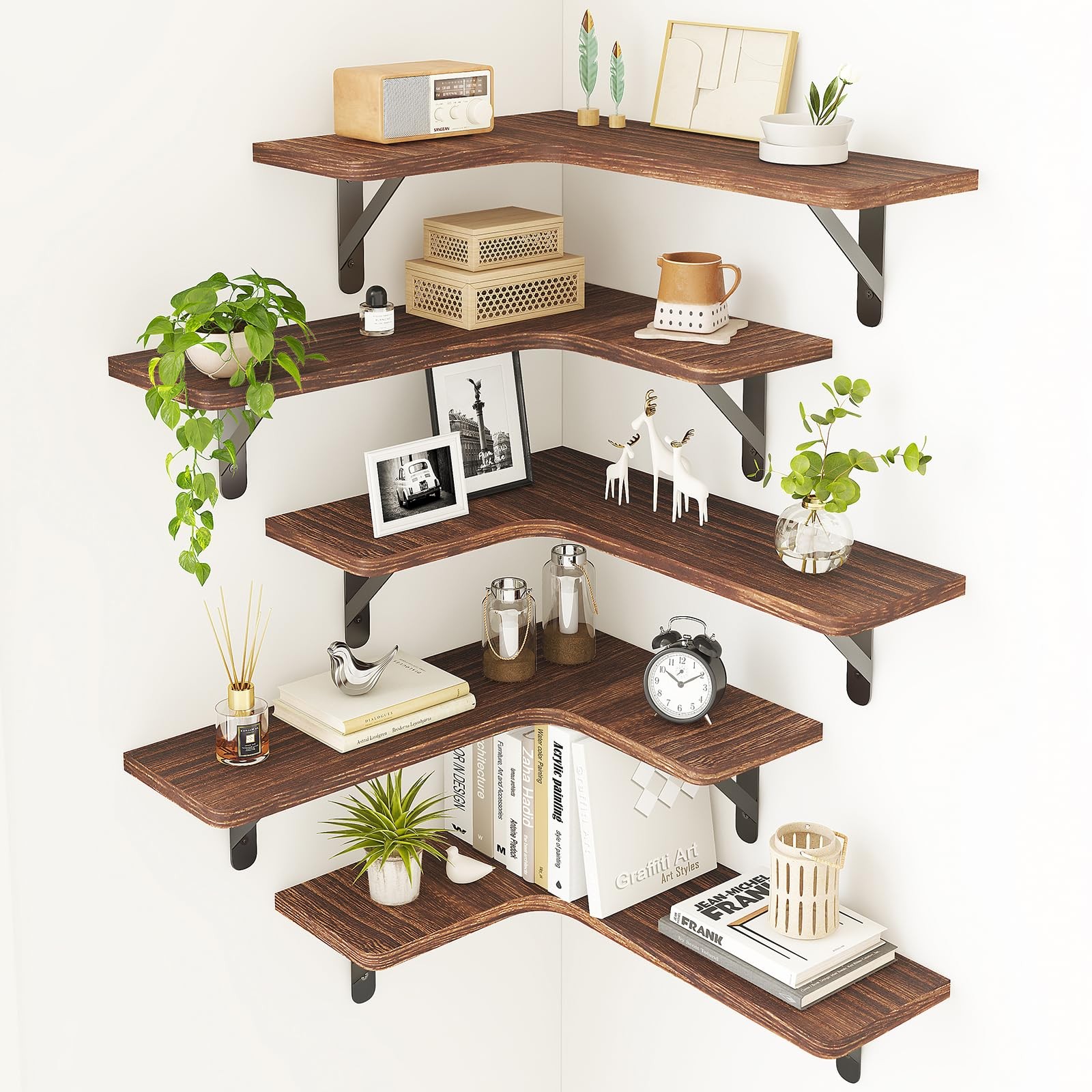 Corner Floating Shelves for Wall Set of 5, Rustic Wood Wall Mounted Shelf for…
