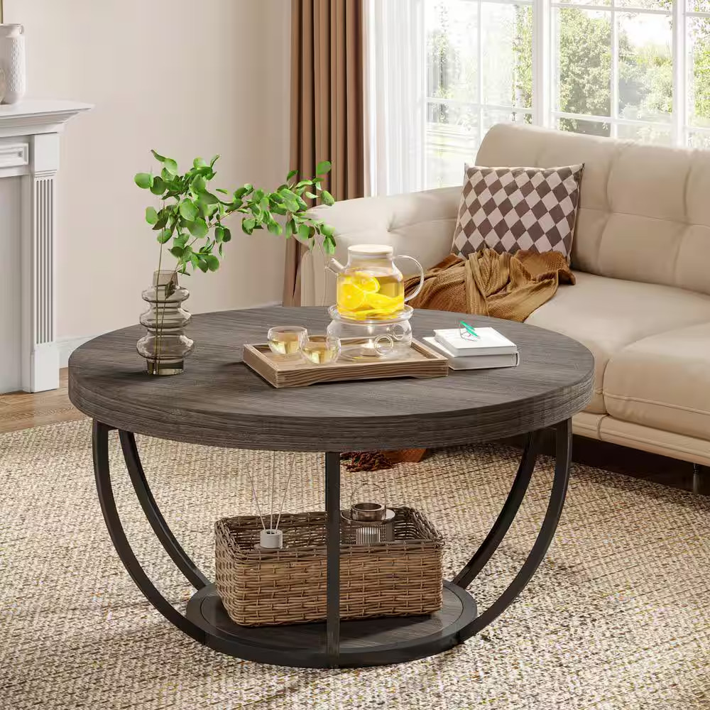 Inaayah 31.7 In. Gray Small round MDF Coffee Table with Storage, Modern Center T