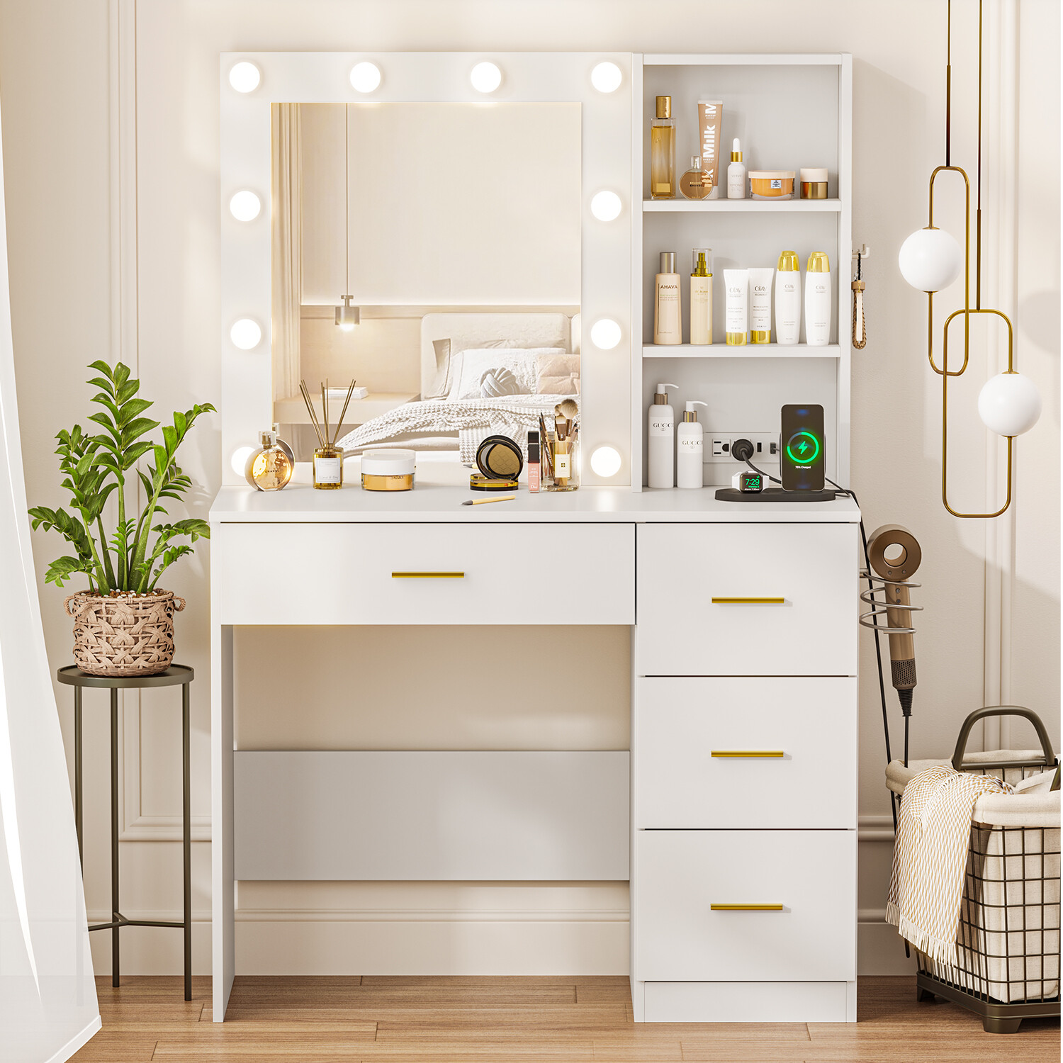Vanity Desk Makeup Dressing Table LED Lighted Mirror Charging Station 4 Drawers
