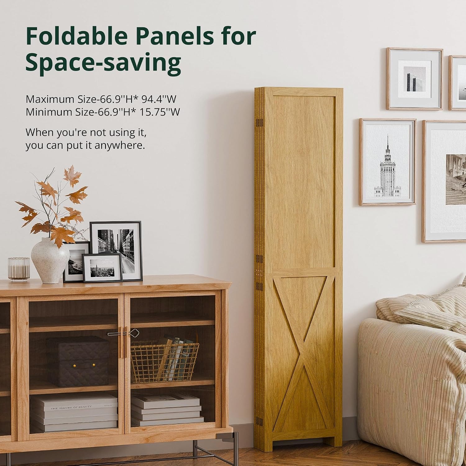 6 Panel Folding Room Divider, Solid Wood Screen, Freestanding Partition Wall,