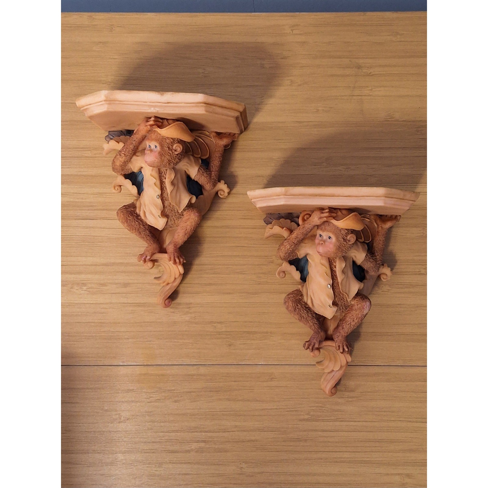 Vintage Monkey Wall Sconce Shelves Pair Safari Chinoiserie Decor Corbels 7in