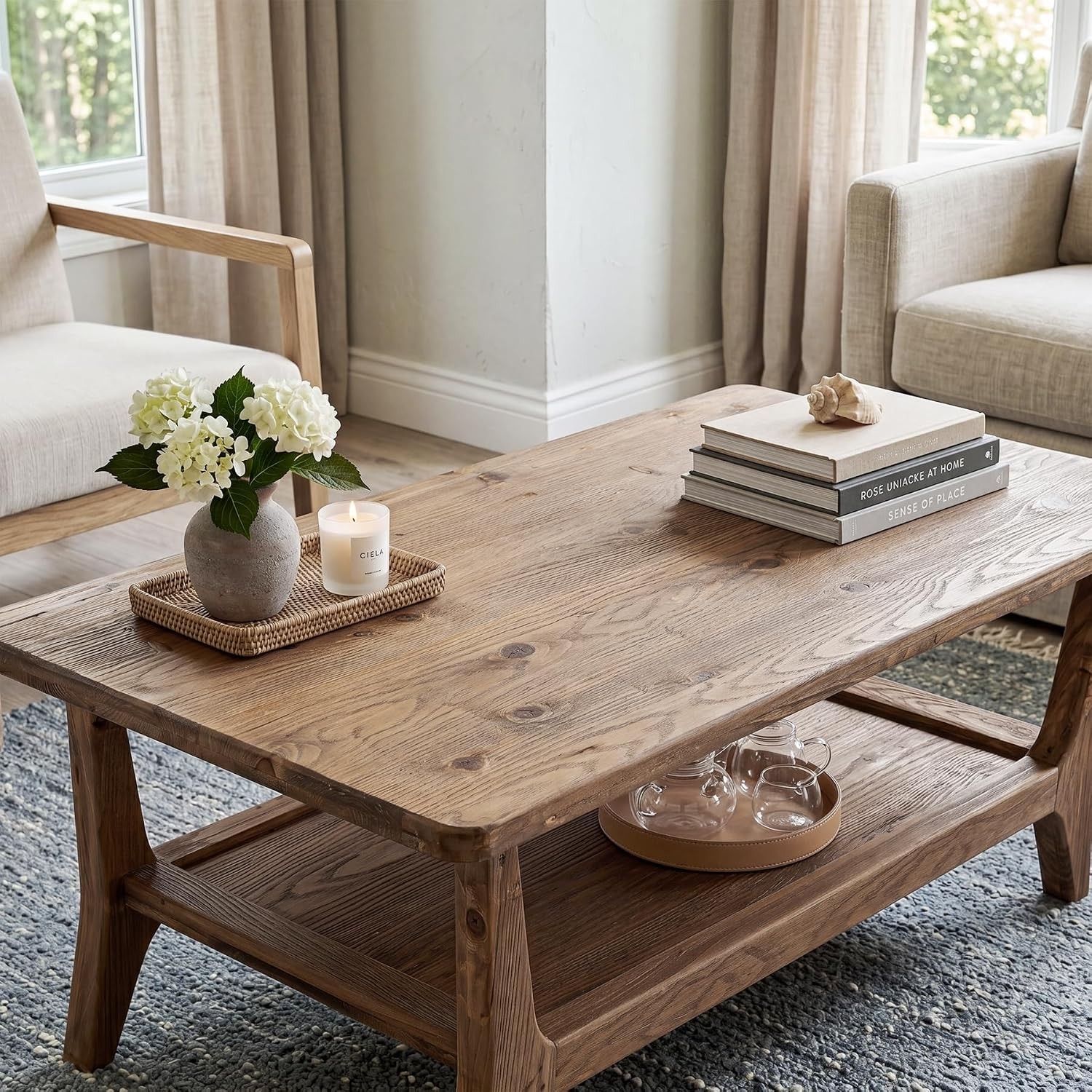 47.2-Inch Rectangular Solid Wood Coffee Table with Storage Shelf for Living Room