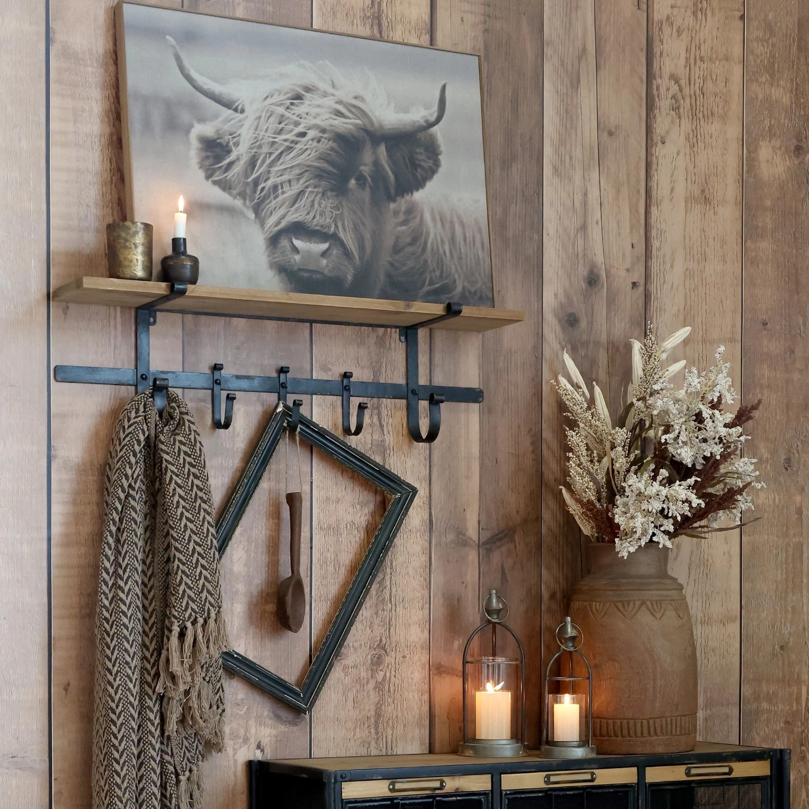 Chic Antique Coat Rack Wall Shelf Wooden with 5 Hooks H25/L92/W18cm