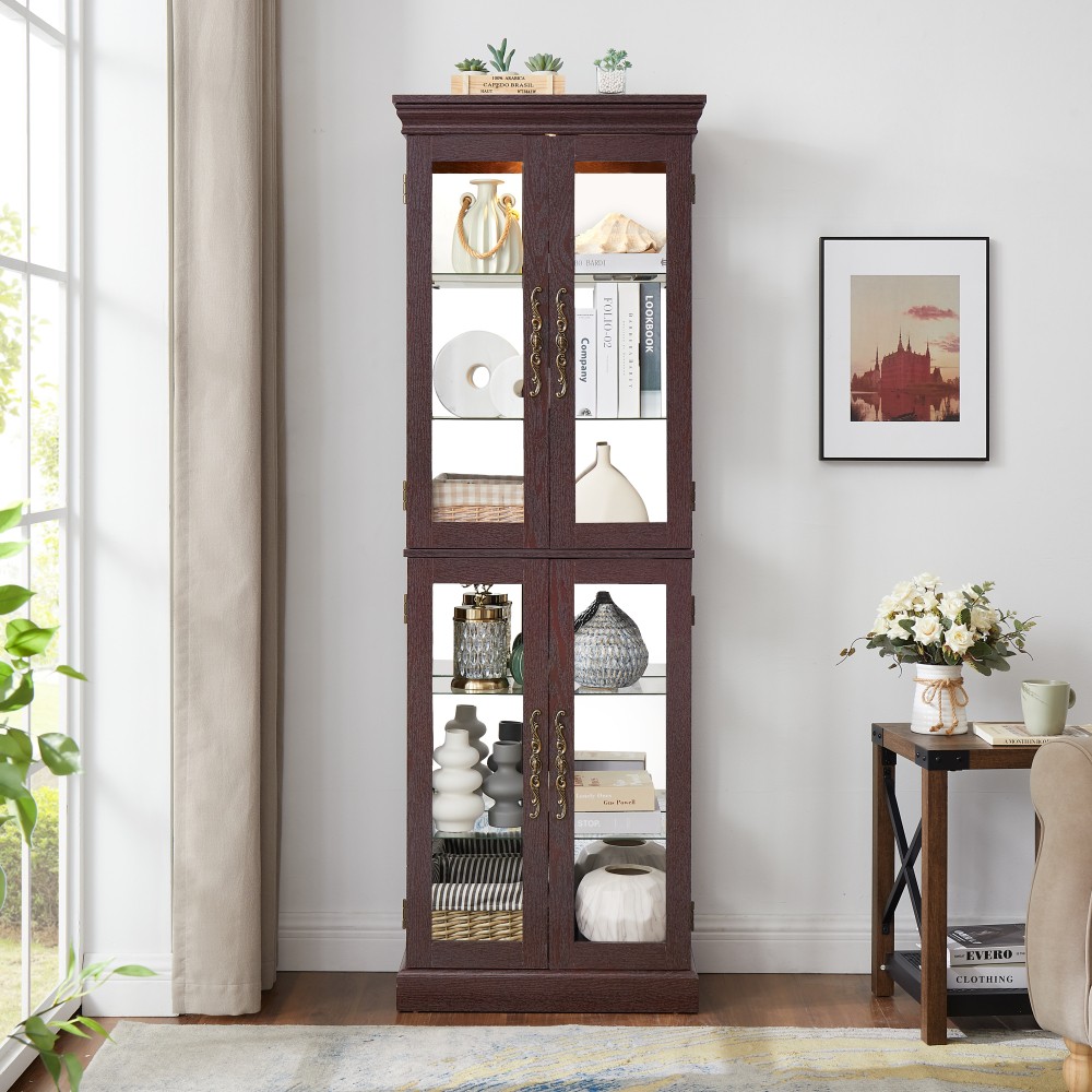 Elegant Lighted Glass Curio Display Cabinet Wooden Frame Storage for Living Room