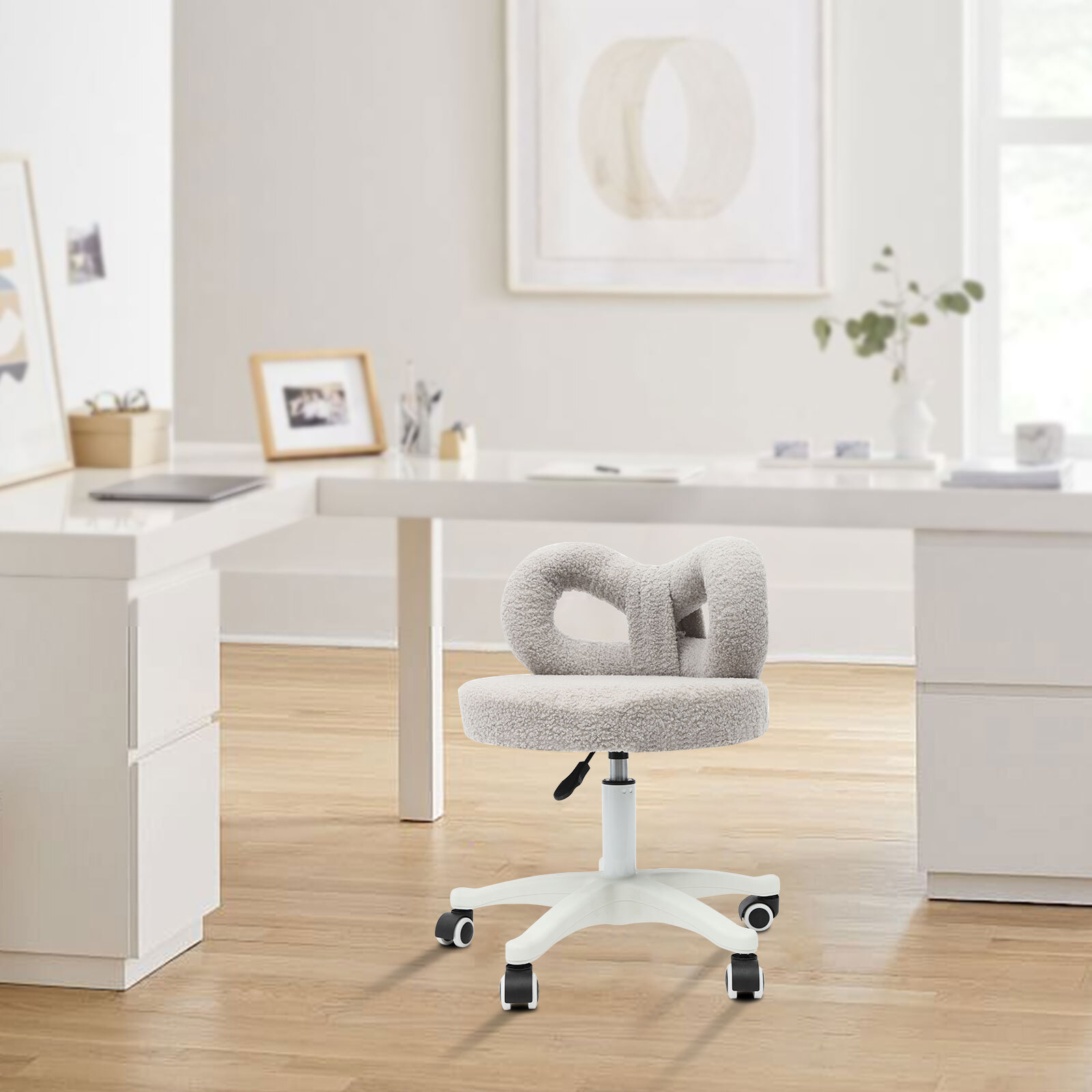 Lambswool Bow Back Desk Chair, Grey Swivel Rolling Vanity Stool, Height Adjust