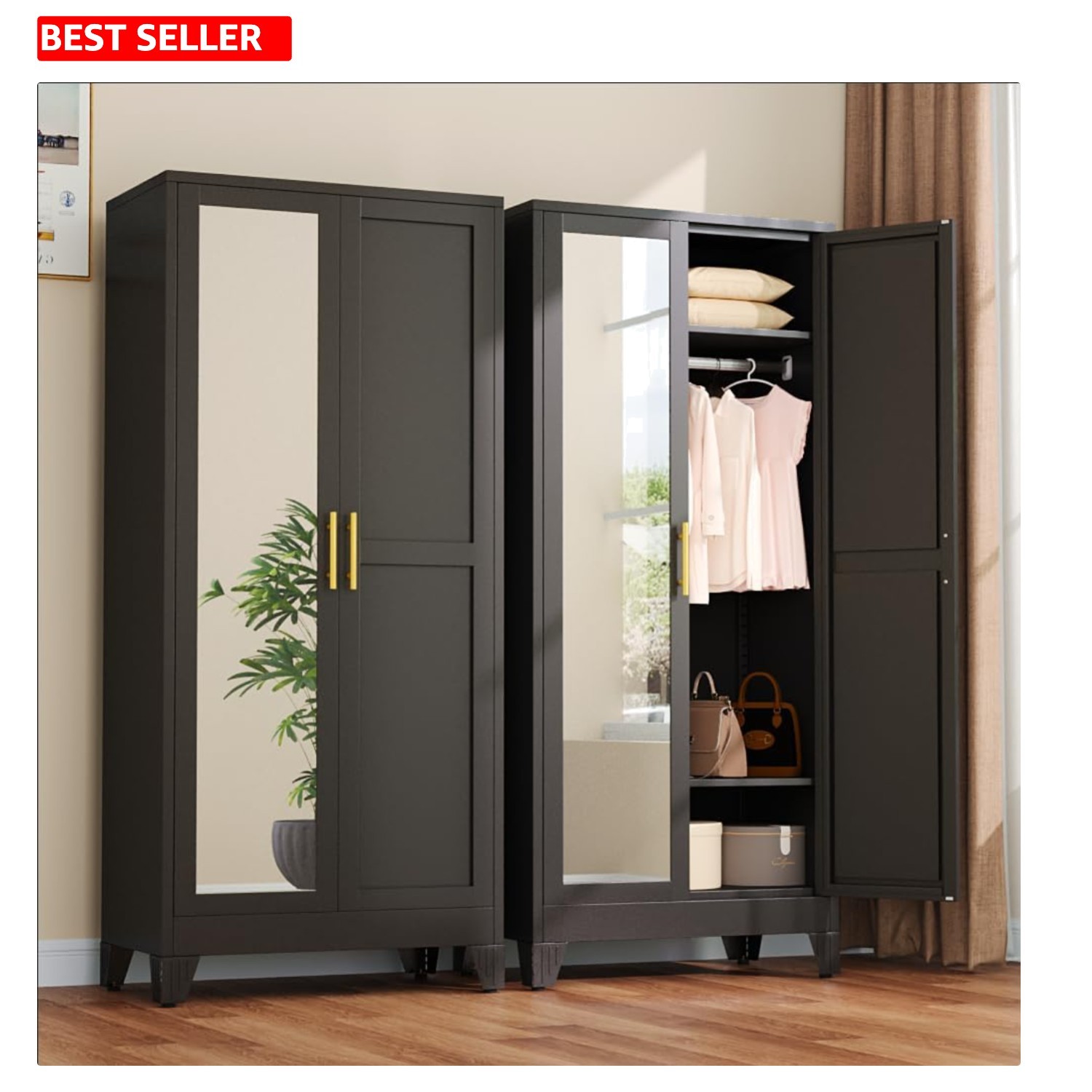 Robust 71″ Metal Armoire with Mirrors, Shelving & Golden Handles – Black Finish
