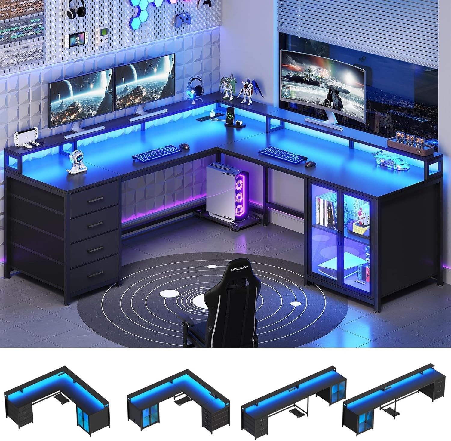 L Shaped Gaming Desk with 4 Drawers, 109” Computer Desk with Display Cabinet, Ho