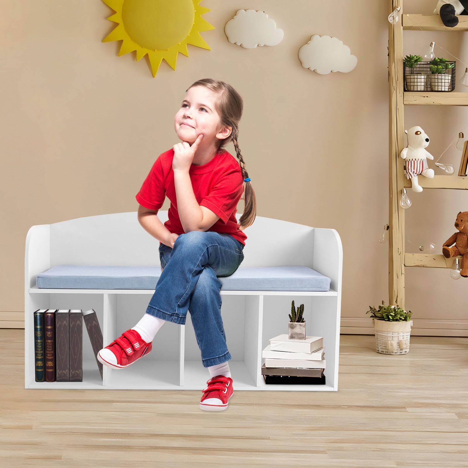  40.16*11.42*23.03in PVC& Cloth& Sponge White Storage Bookshelf W/ Soft Cushion