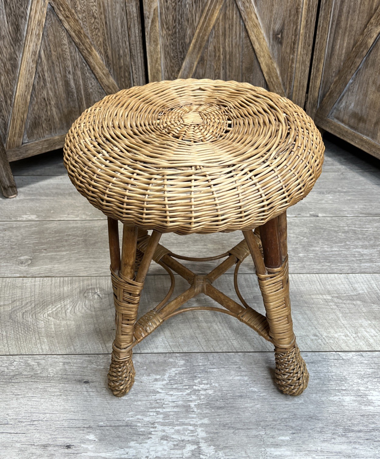 Vintage 70s Wicker Rattan Vanity Foot Stool Round Seat Plant Stand Boho Decor