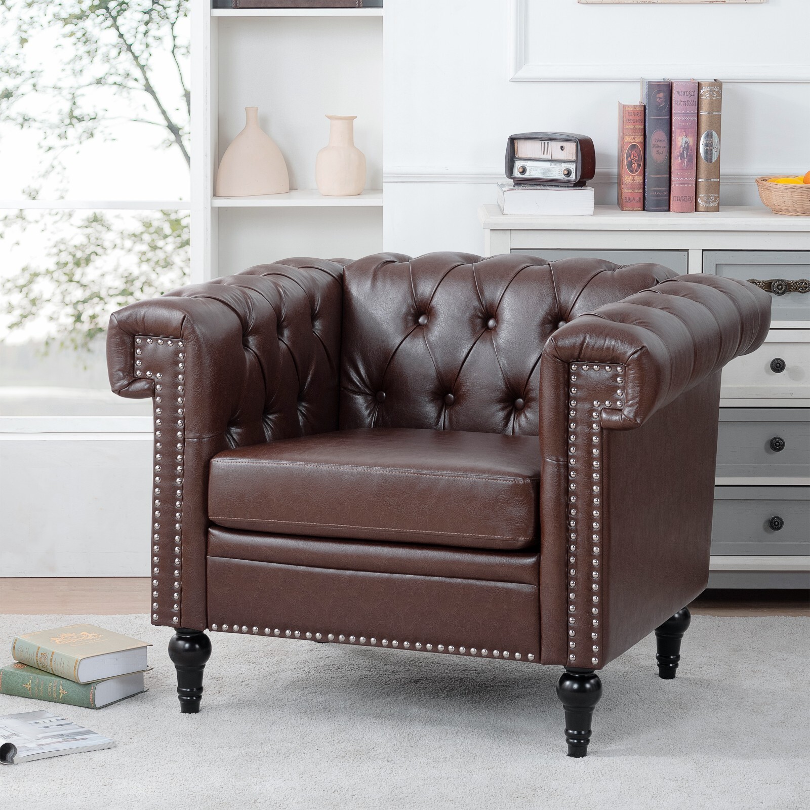 Faux Leather Sofa Tufted Single Couch Armchair with Removable Cushion Square Arm