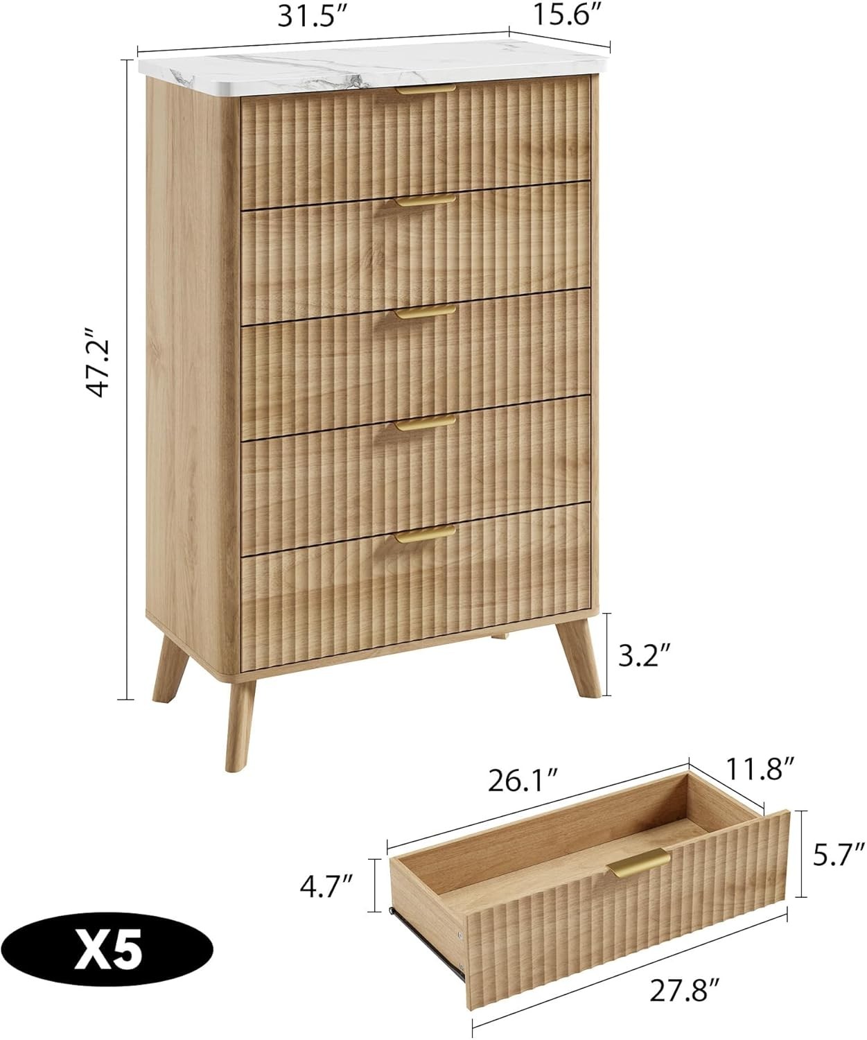 47.2″ Tall Fluted Dresser for Bedroom with 5 Drawers, Modern Chest of Drawers