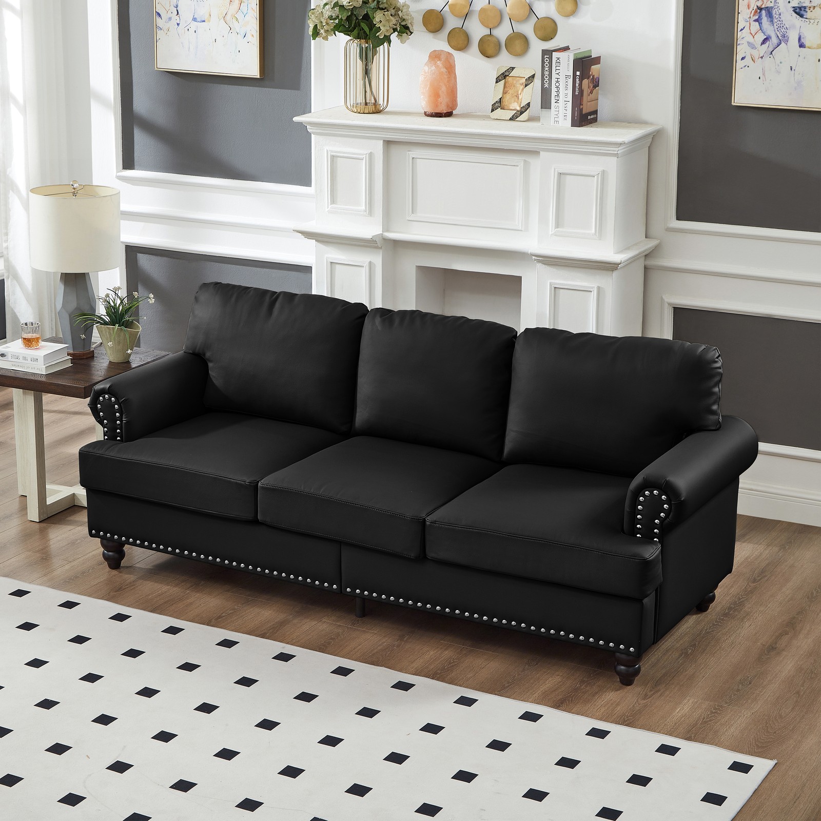 83″ Modern Classic Design with Nails Living Room Sofa Leather Couch,Upholstered