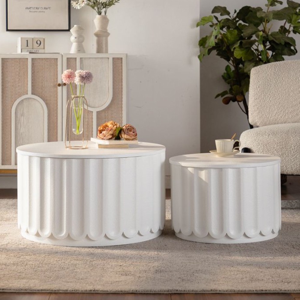 Cream White Round Lift Off Lid Storage Table Set Modern Nesting Design