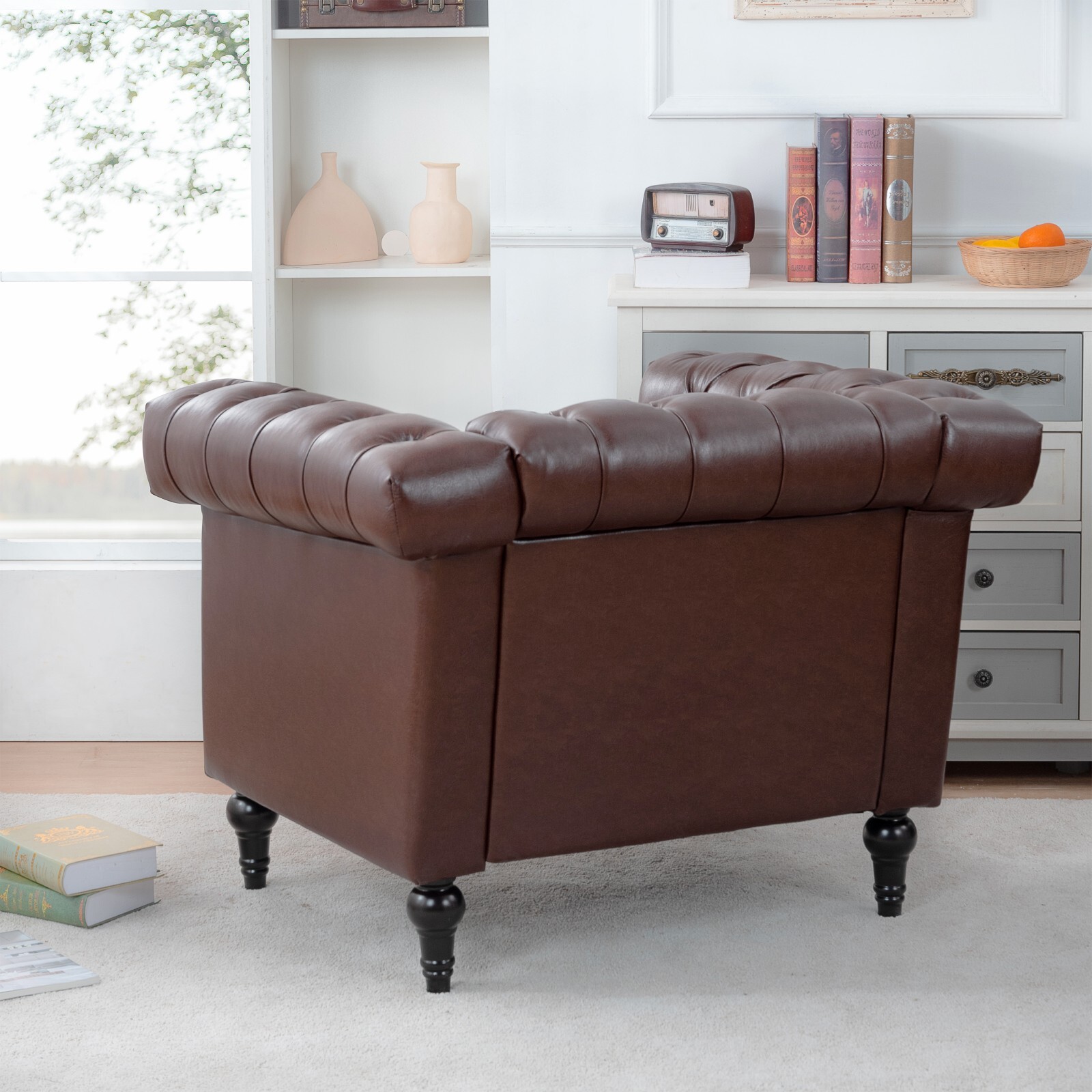 Faux Leather Sofa Tufted Single Couch Armchair with Removable Cushion Square Arm