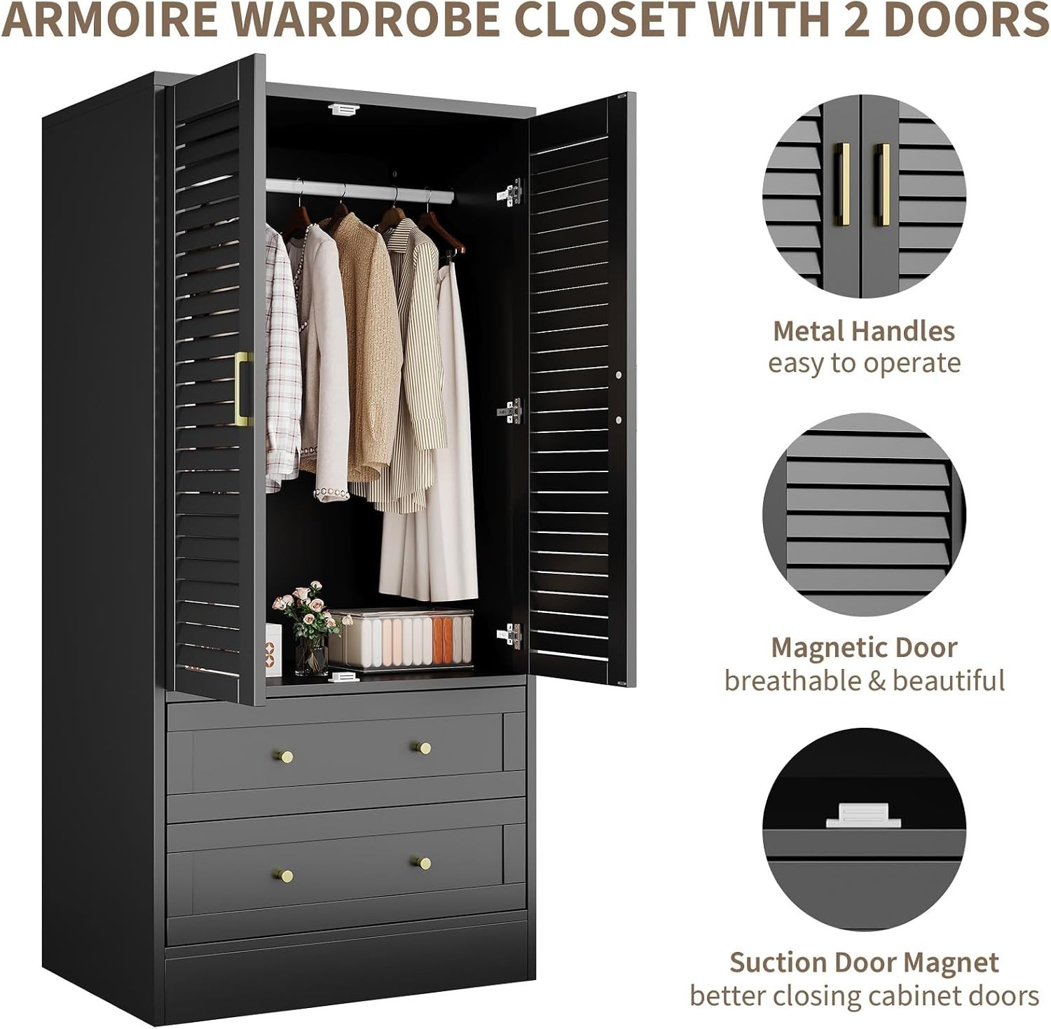 Freestanding Wardrobe Closet Wooden Armoire w/ Louvered Door Hanging Rod Drawers