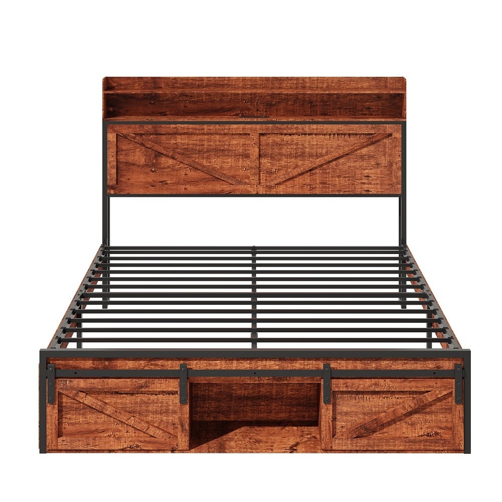 Full/Queen Size Bed Frame Wood Platform Bed w/Storage Headboard & LED Lights
