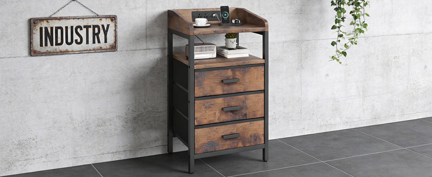 Rustic Brown Nightstand with Charging Station, 3 Fabric Drawers, Metal US