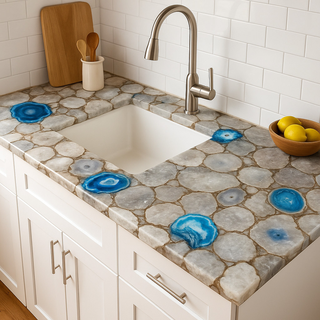 White & Blue Agate Kitchen Countertop | Unique Island Countertop Decor