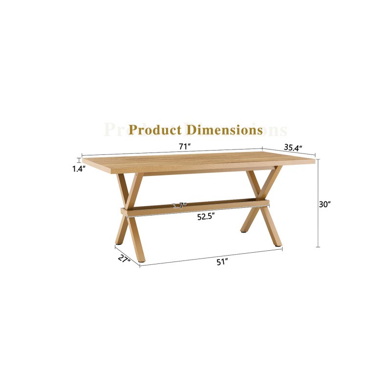 71 Inch Rectangular Dining Table with X-Shape Metal Base Light Wood MDF Top