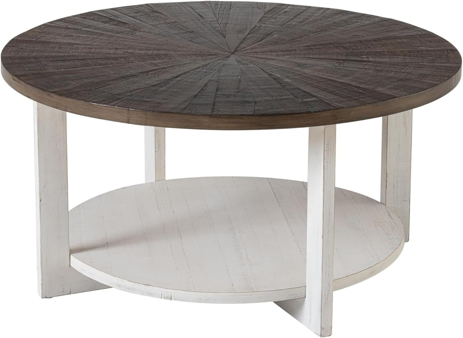 Rustic Round Wood Coffee Table with Storage – 32″ Distressed Farmhouse Design