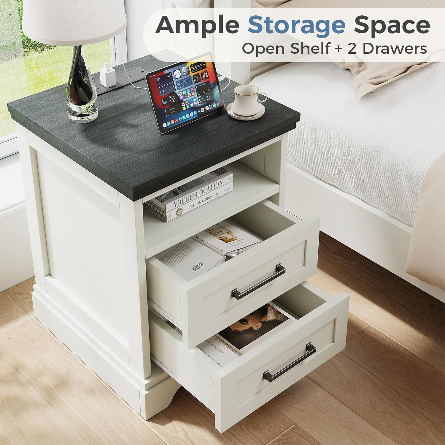 Farmhouse Nightstand with Charging Station and 2 Drawers, White End Table