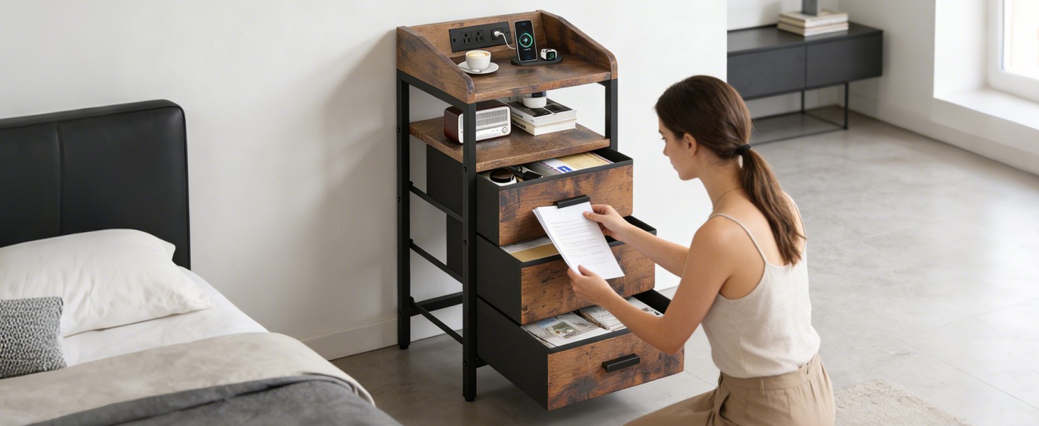 Rustic Brown Nightstand with Charging Station, 3 Fabric Drawers, Metal US