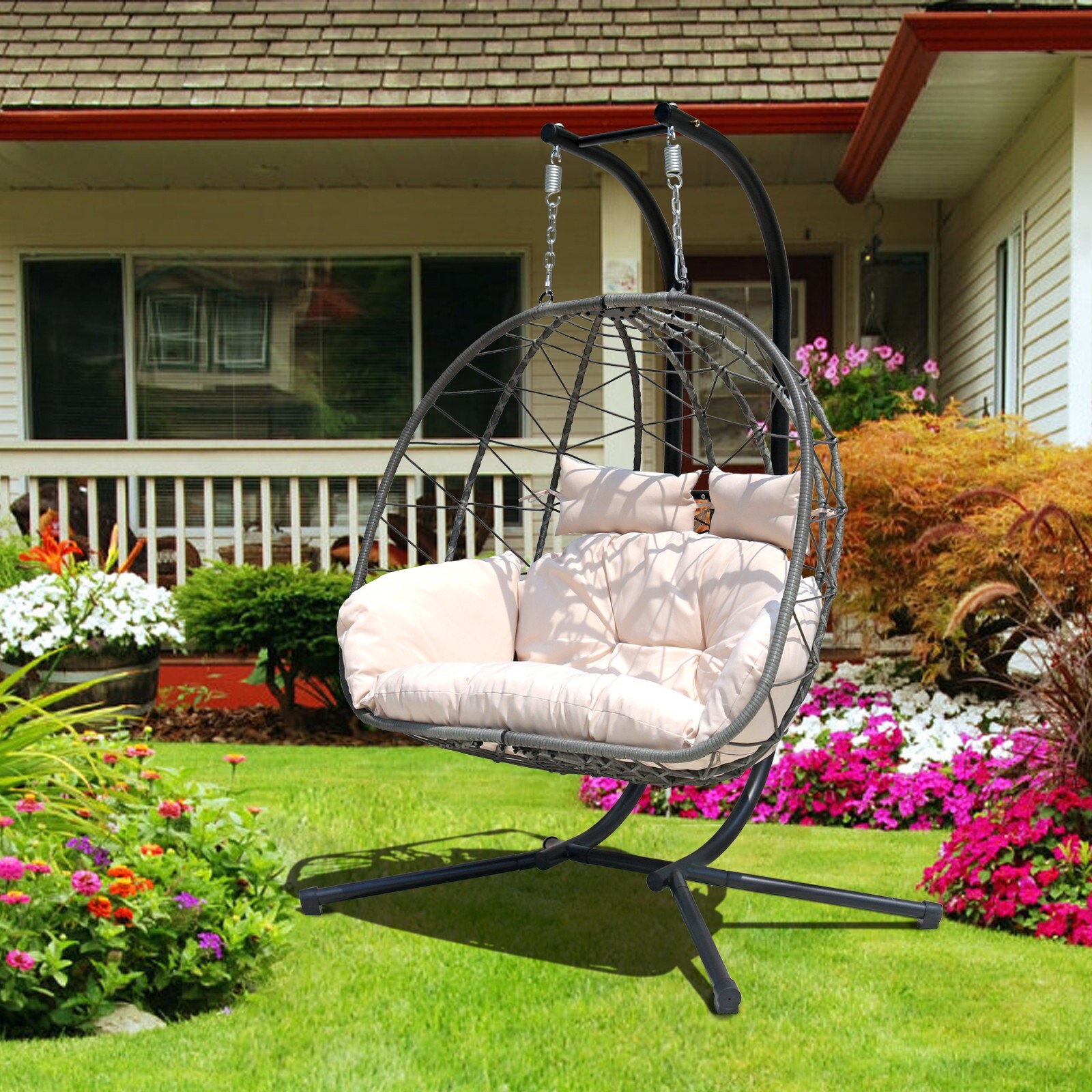 2-Person Hanging Egg Swing Chair with Stand, Wicker Outdoor Chair w/ Cushions