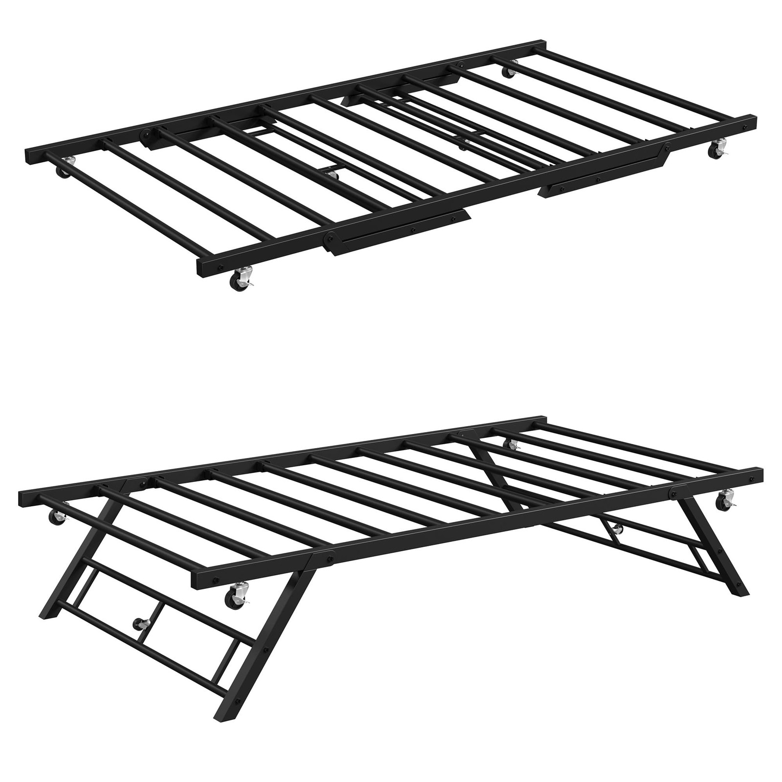 Stand Up Trundle Day Bed,Pop Up Trundle,Twin Trundle Bed Frame +Lockable Casters