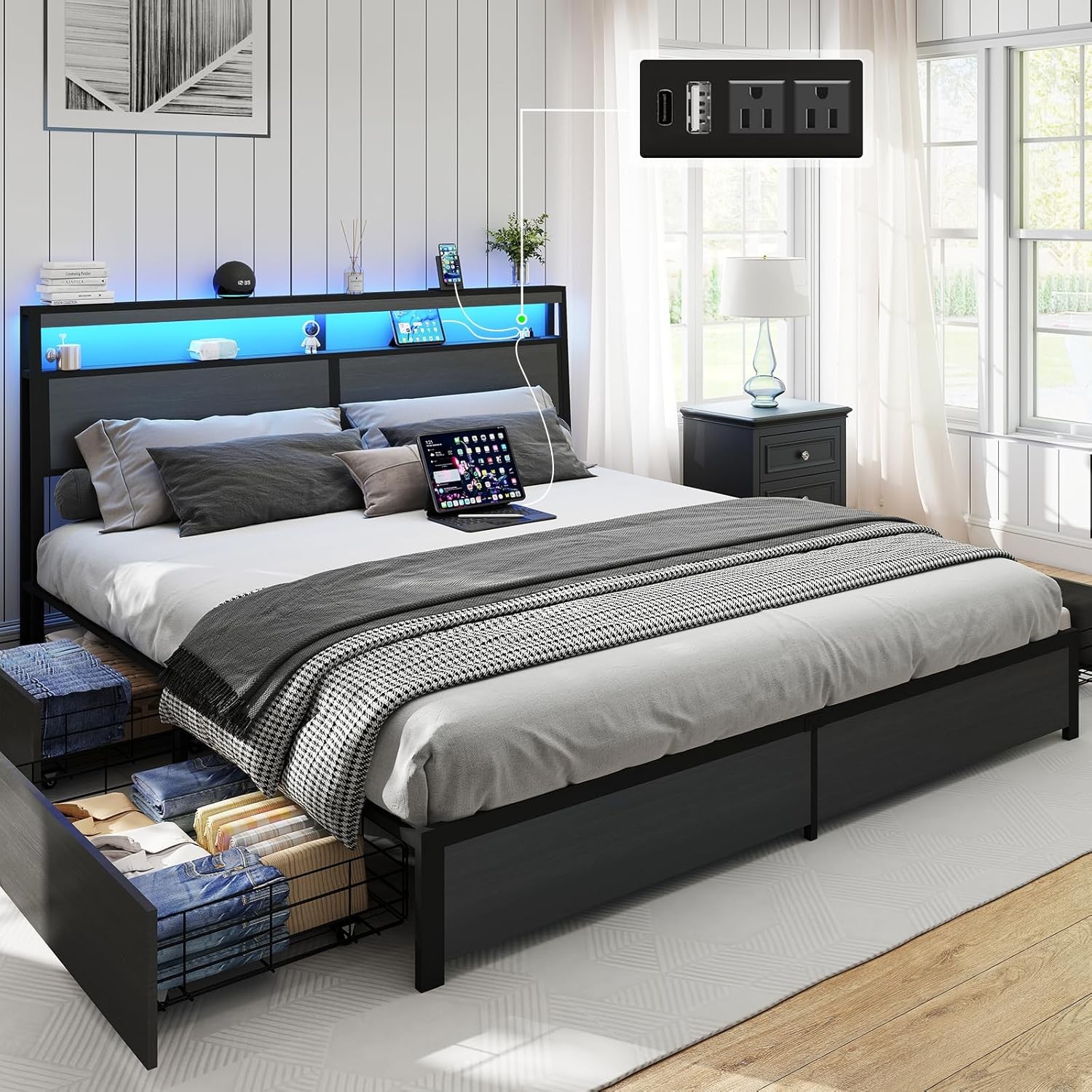 King Size Metal Bed Frame w/ 4 Storage Drawers & LED Headboard,Black Grey