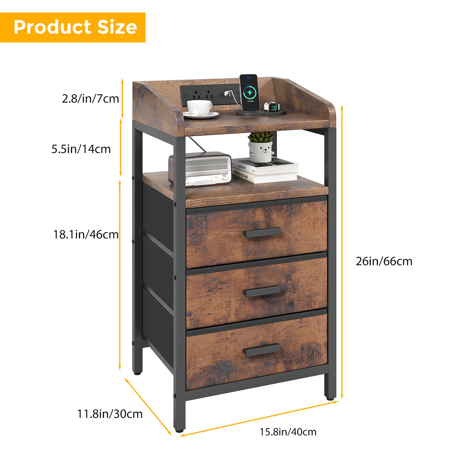Rustic Brown Nightstand with Charging Station, 3 Fabric Drawers, Metal US