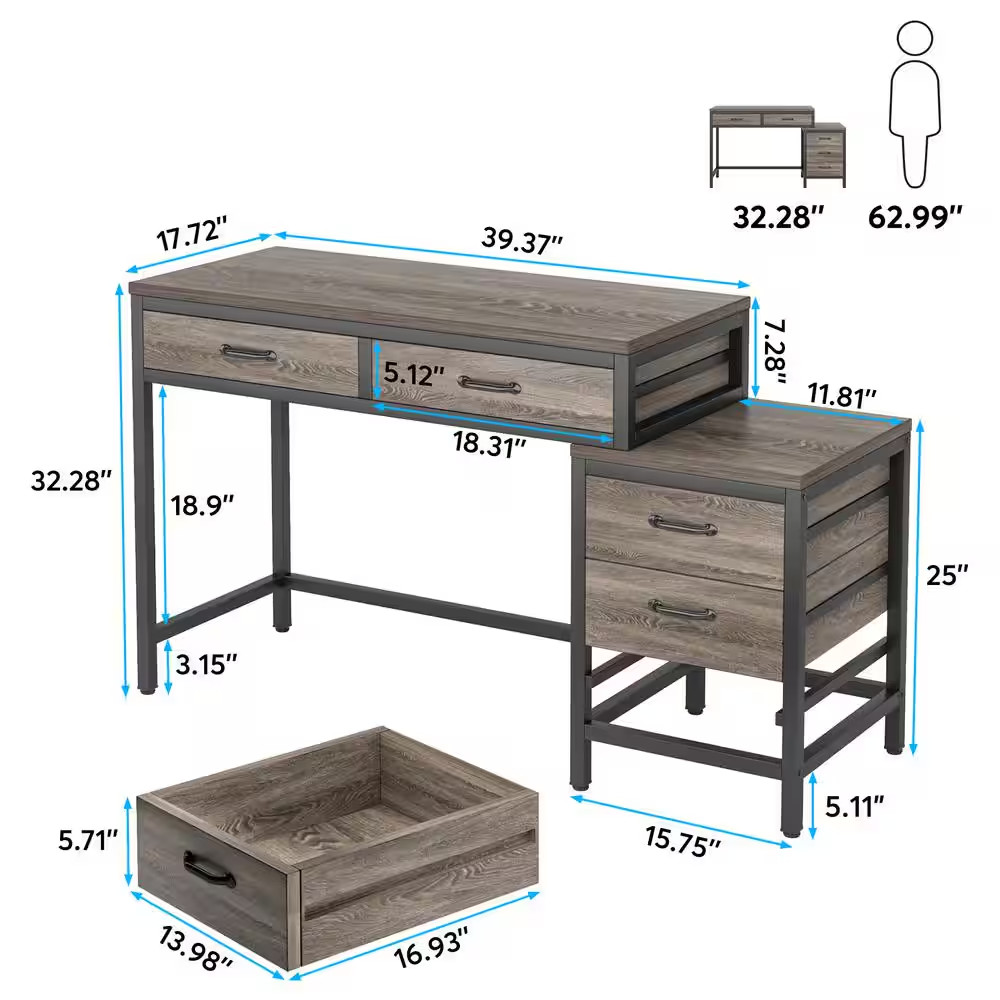 Cassey 51 In. Rectangular Industrial Gray Wood 5-Drawer Computer Desk, Revers…