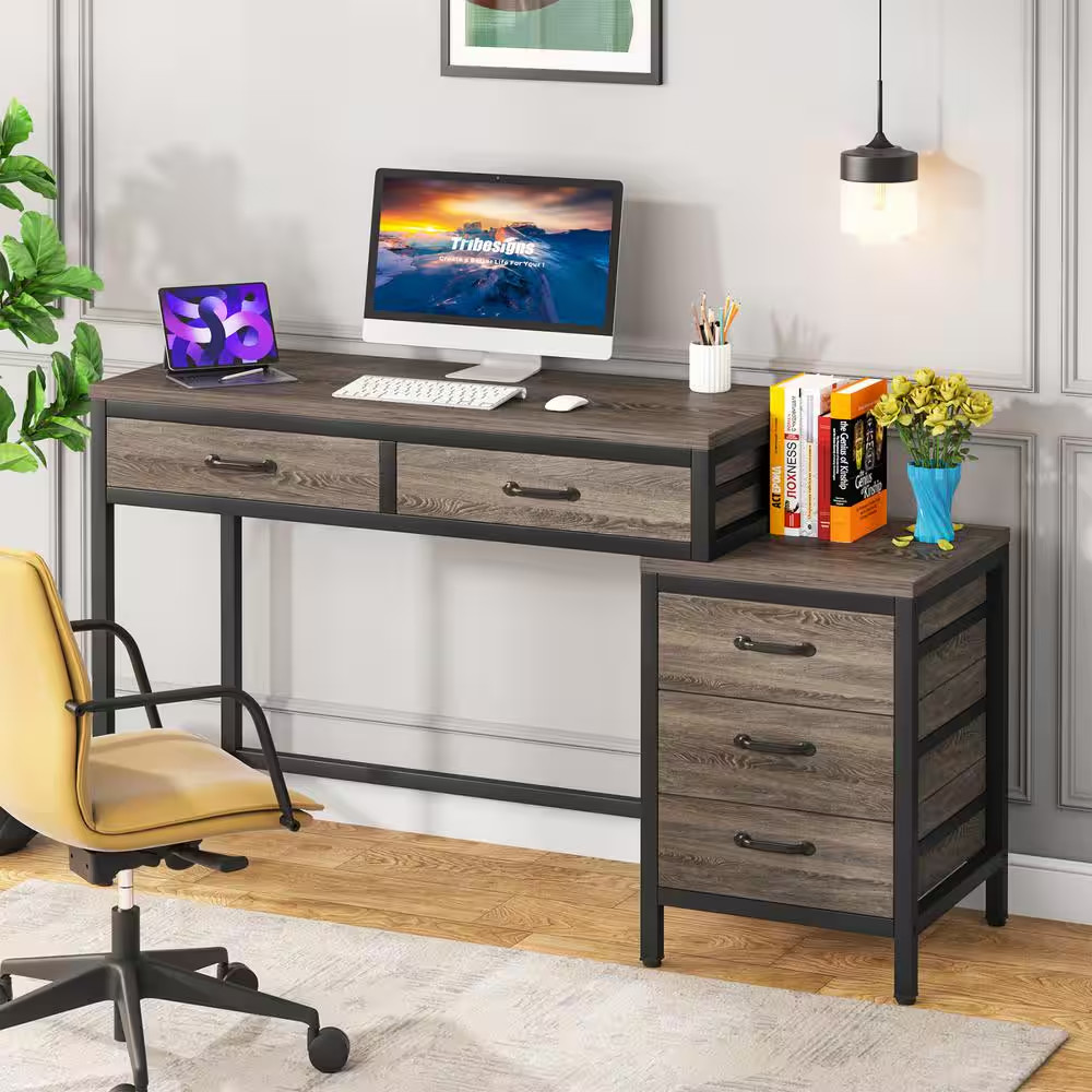 Cassey 51 In. Rectangular Industrial Gray Wood 5-Drawer Computer Desk, Revers…