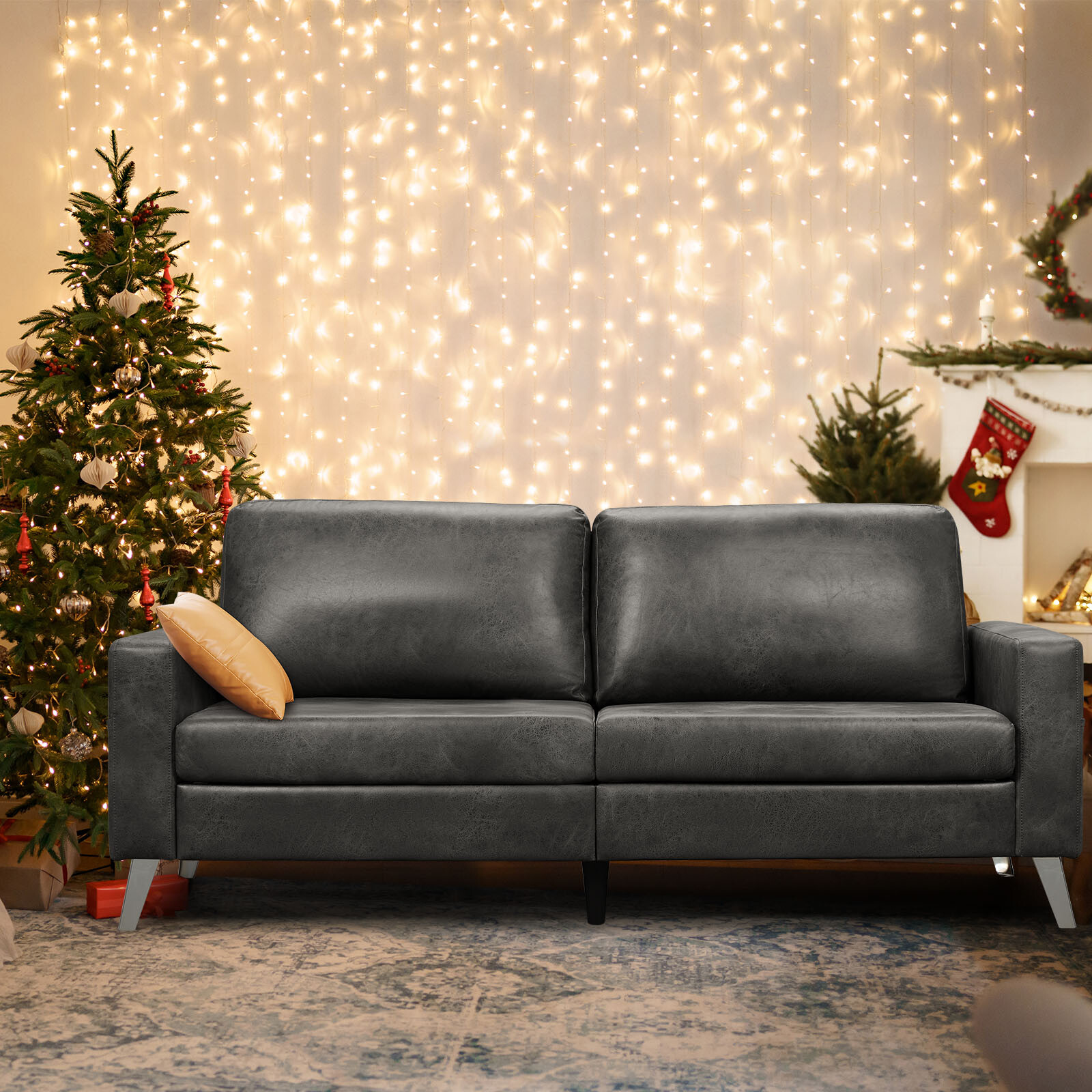79″ Leather Sofa Couch Mid Century Modern Faux Leather Couches for Living Room
